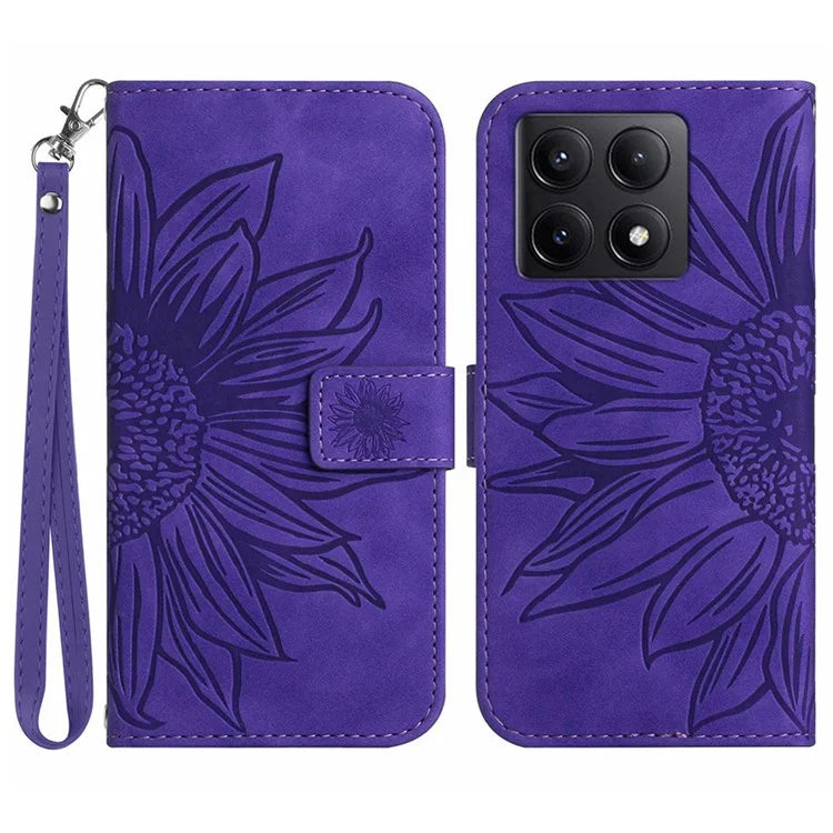 HT04 For Xiaomi 14T Pro Case Sunflower Imprint Leather Wallet Phone Cover with Wrist Strap