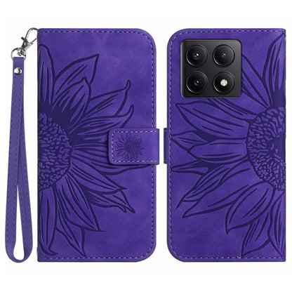 HT04 For Xiaomi 14T Pro Case Sunflower Imprint Leather Wallet Phone Cover with Wrist Strap