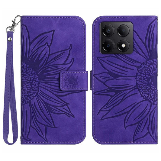 HT04 For Xiaomi 14T Pro Case Sunflower Imprint Leather Wallet Phone Cover with Wrist Strap