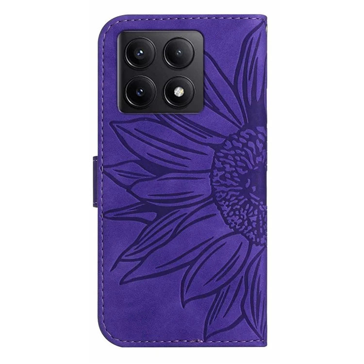 HT04 For Xiaomi 14T Pro Case Sunflower Imprint Leather Wallet Phone Cover with Wrist Strap