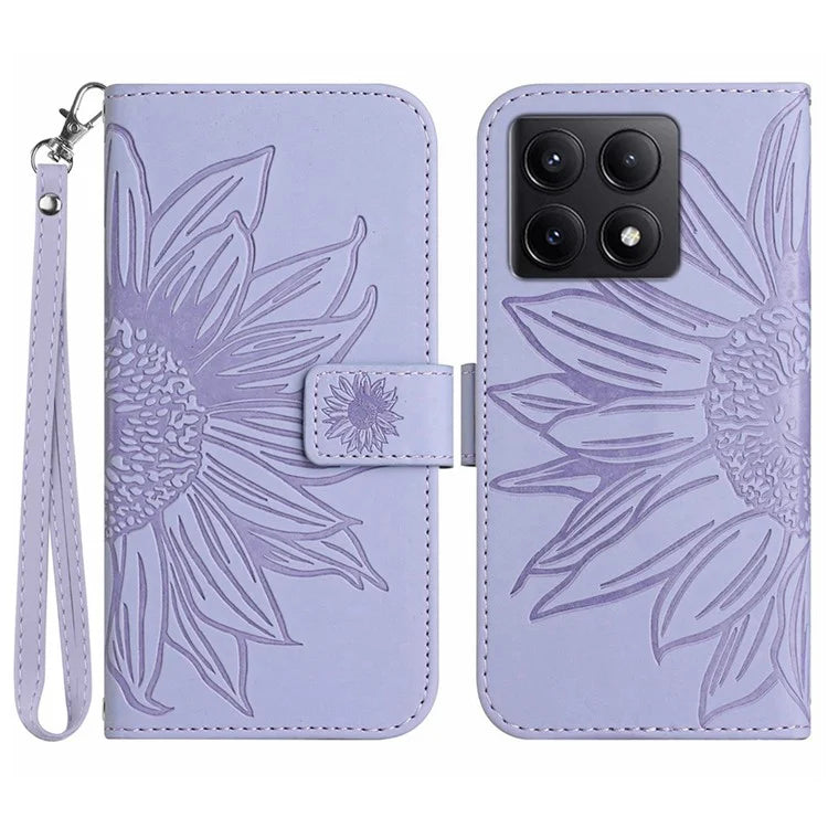 HT04 For Xiaomi 14T Pro Case Sunflower Imprint Leather Wallet Phone Cover with Wrist Strap
