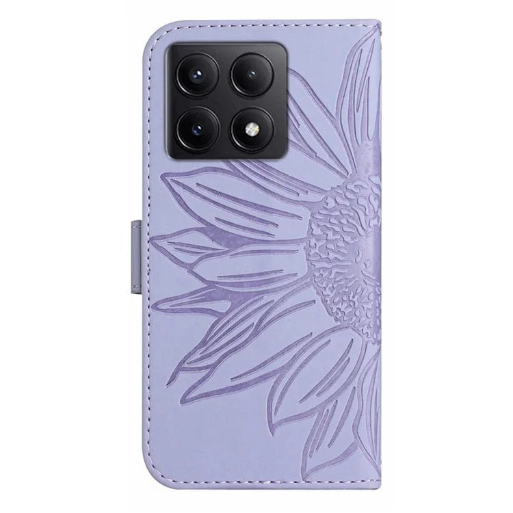 HT04 For Xiaomi 14T Pro Case Sunflower Imprint Leather Wallet Phone Cover with Wrist Strap