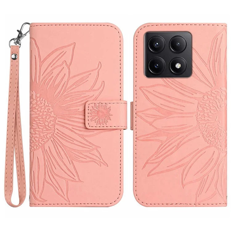 HT04 For Xiaomi 14T Pro Case Sunflower Imprint Leather Wallet Phone Cover with Wrist Strap