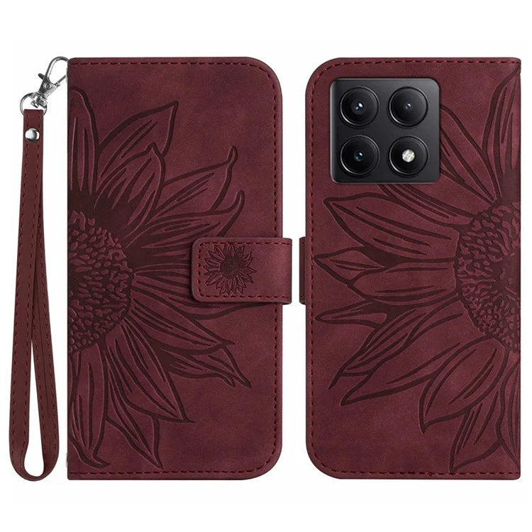 HT04 For Xiaomi 14T Pro Case Sunflower Imprint Leather Wallet Phone Cover with Wrist Strap