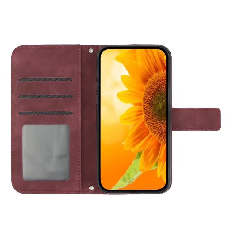 HT04 For Xiaomi 14T Pro Case Sunflower Imprint Leather Wallet Phone Cover with Wrist Strap