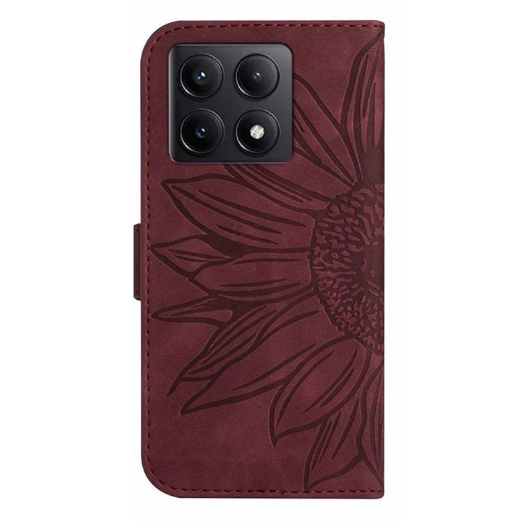 HT04 For Xiaomi 14T Pro Case Sunflower Imprint Leather Wallet Phone Cover with Wrist Strap