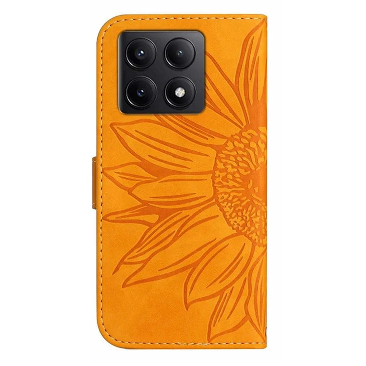 HT04 For Xiaomi 14T Pro Case Sunflower Imprint Leather Wallet Phone Cover with Wrist Strap