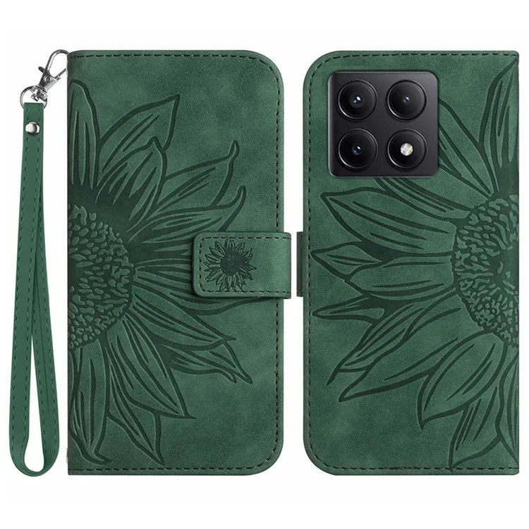 HT04 For Xiaomi 14T Pro Case Sunflower Imprint Leather Wallet Phone Cover with Wrist Strap