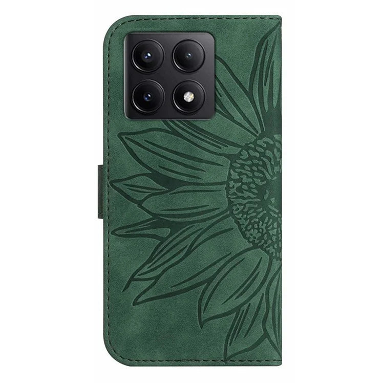 HT04 For Xiaomi 14T Pro Case Sunflower Imprint Leather Wallet Phone Cover with Wrist Strap