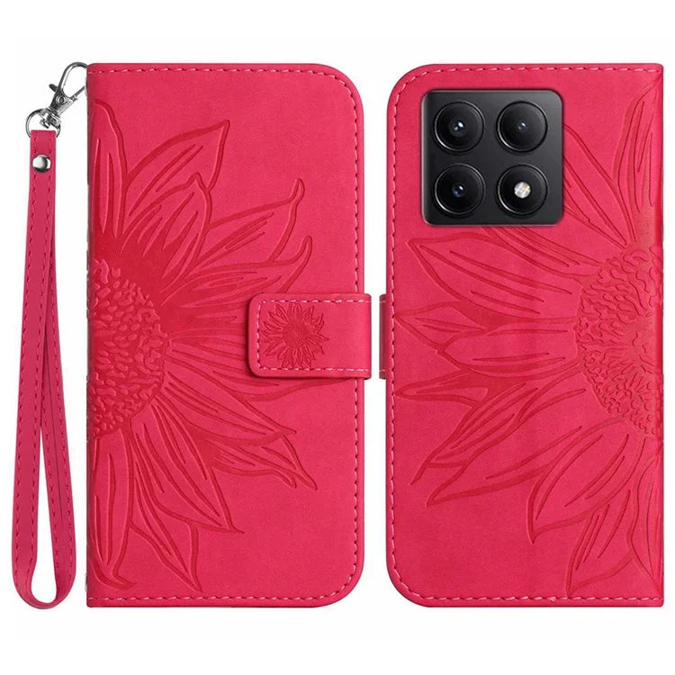 HT04 For Xiaomi 14T Pro Case Sunflower Imprint Leather Wallet Phone Cover with Wrist Strap