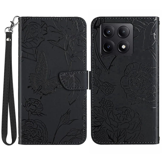 HT03 For Xiaomi 14T Pro Case Butterfly Flower Imprint Leather Phone Cover with Strap