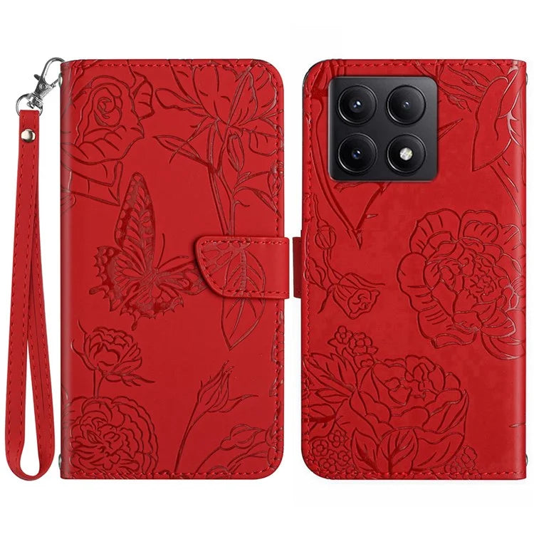 HT03 For Xiaomi 14T Pro Case Butterfly Flower Imprint Leather Phone Cover with Strap