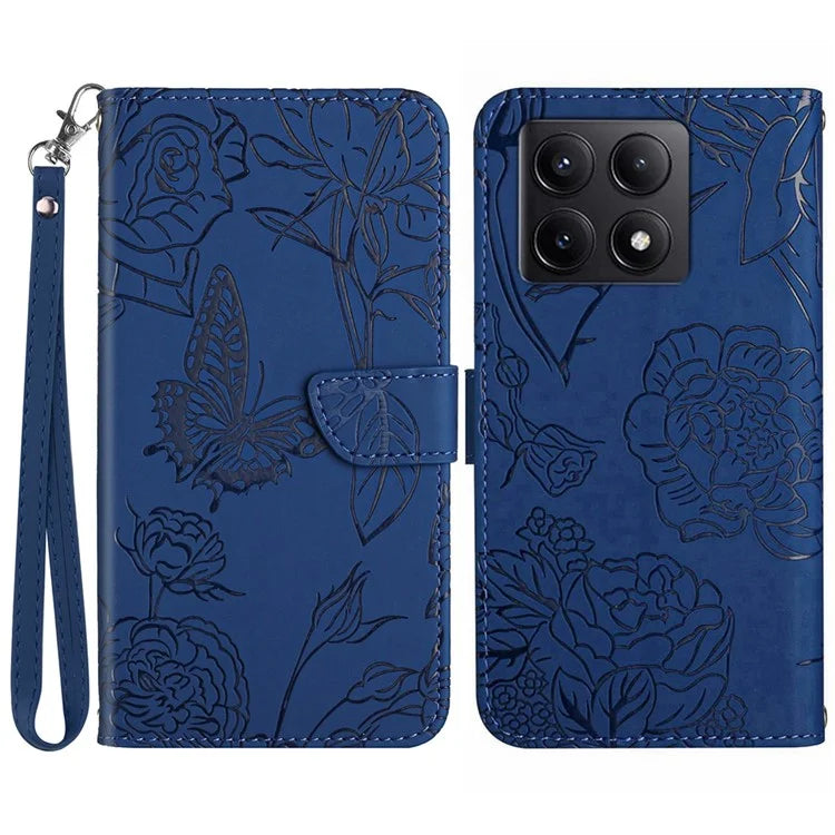 HT03 For Xiaomi 14T Pro Case Butterfly Flower Imprint Leather Phone Cover with Strap