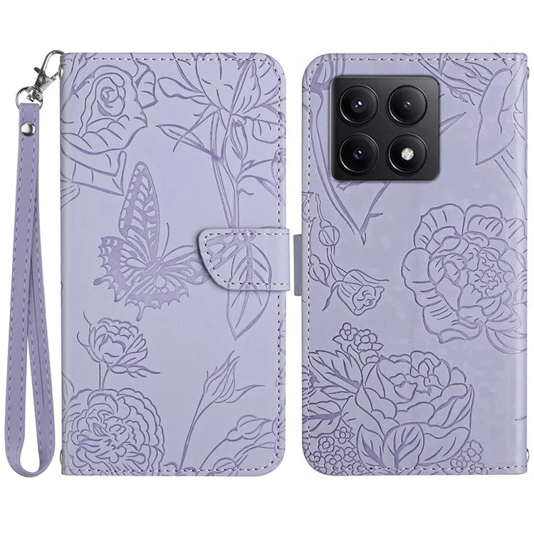 HT03 For Xiaomi 14T Pro Case Butterfly Flower Imprint Leather Phone Cover with Strap