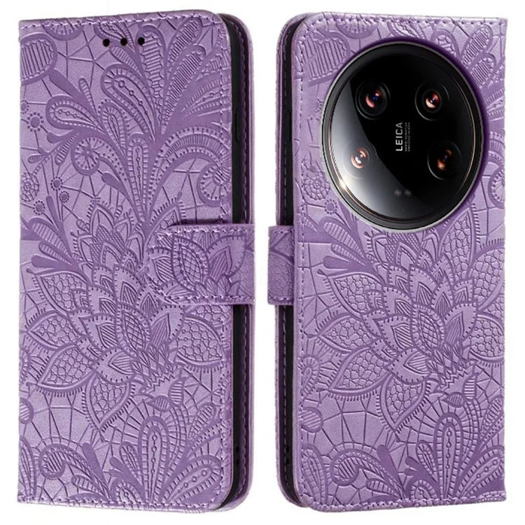 For Xiaomi 14 Ultra Case Lace Flowers PU Leather Flip Wallet Phone Cover