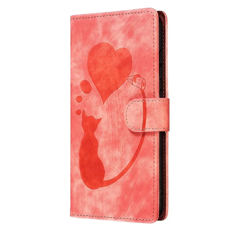 For Samsung Galaxy S24 FE Case Heart Cat Folding Stand PU Leather Phone Cover