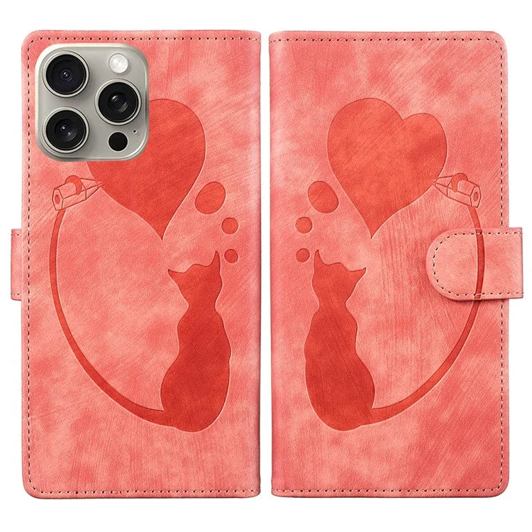 For iPhone 16 Pro Case Heart Cat Folding Stand PU Leather Phone Cover