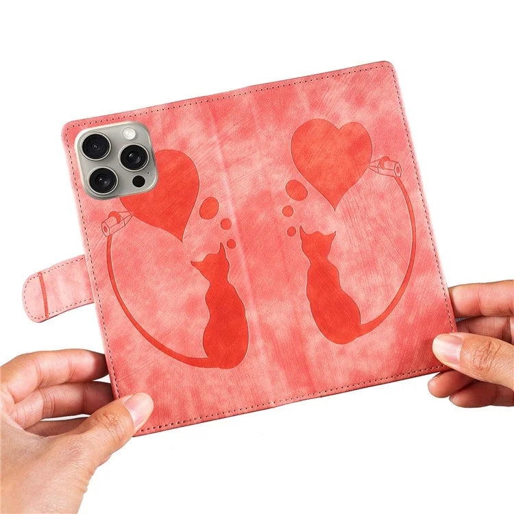 For iPhone 16 Pro Case Heart Cat Folding Stand PU Leather Phone Cover