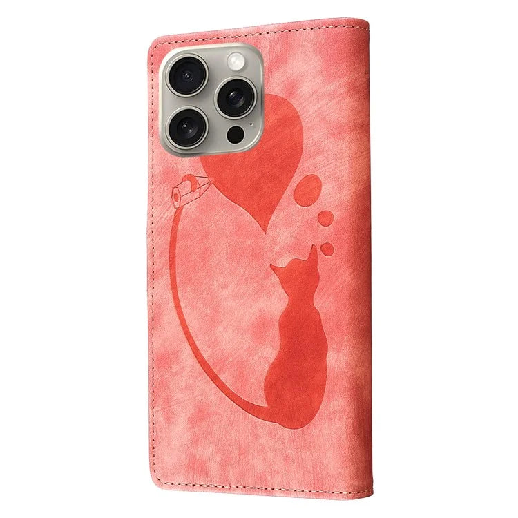 For iPhone 16 Pro Case Heart Cat Folding Stand PU Leather Phone Cover