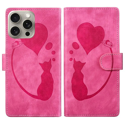 For iPhone 16 Pro Case Heart Cat Folding Stand PU Leather Phone Cover