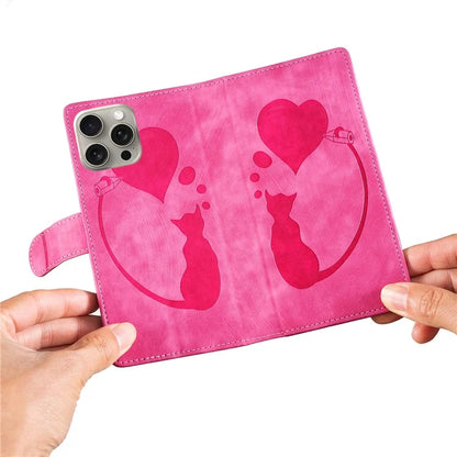 For iPhone 16 Pro Case Heart Cat Folding Stand PU Leather Phone Cover