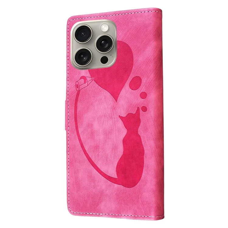 For iPhone 16 Pro Case Heart Cat Folding Stand PU Leather Phone Cover