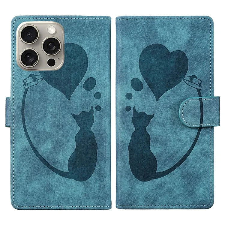 For iPhone 16 Pro Case Heart Cat Folding Stand PU Leather Phone Cover