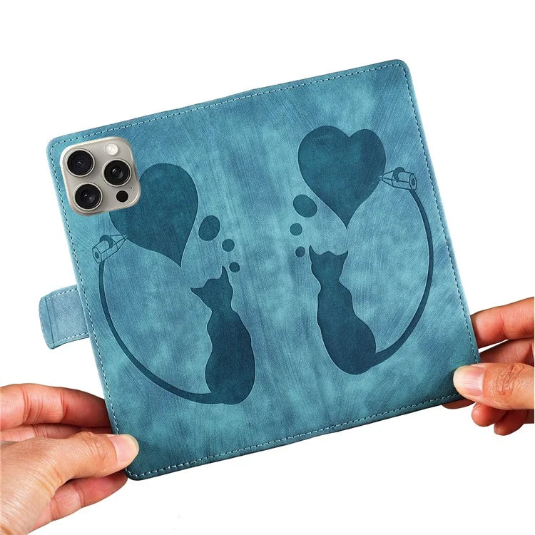 For iPhone 16 Pro Case Heart Cat Folding Stand PU Leather Phone Cover