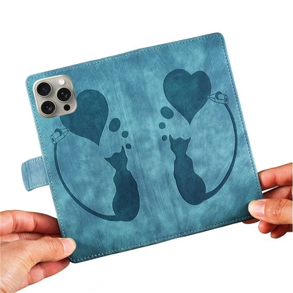 For iPhone 16 Pro Case Heart Cat Folding Stand PU Leather Phone Cover