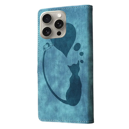 For iPhone 16 Pro Case Heart Cat Folding Stand PU Leather Phone Cover