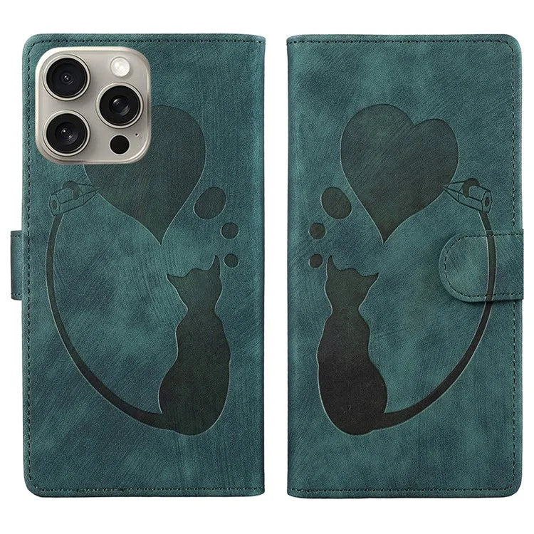 For iPhone 16 Pro Case Heart Cat Folding Stand PU Leather Phone Cover