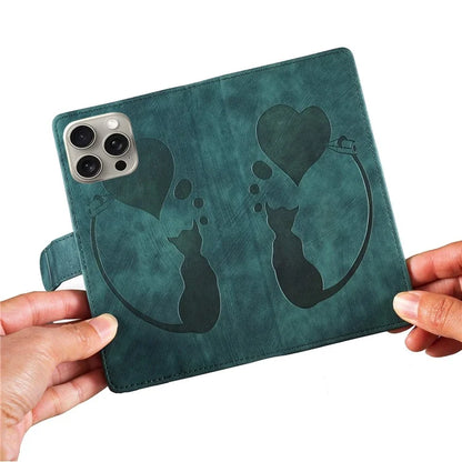For iPhone 16 Pro Case Heart Cat Folding Stand PU Leather Phone Cover