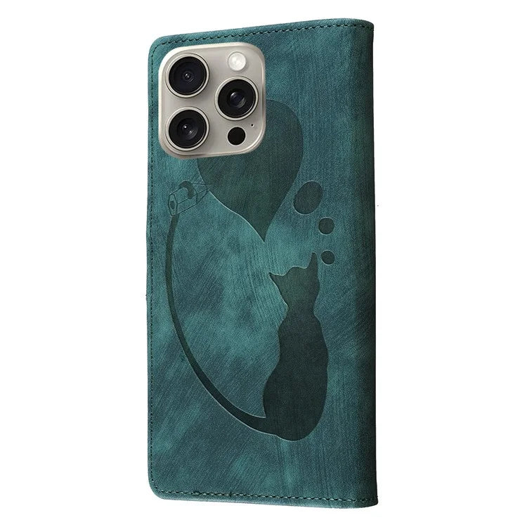 For iPhone 16 Pro Case Heart Cat Folding Stand PU Leather Phone Cover