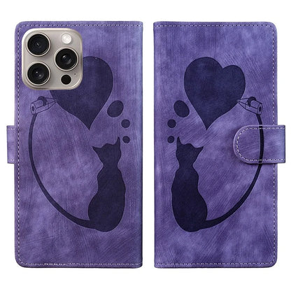 For iPhone 16 Pro Case Heart Cat Folding Stand PU Leather Phone Cover
