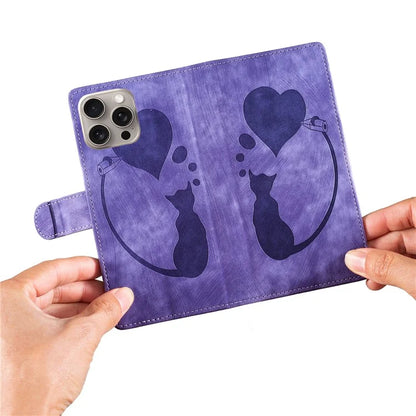 For iPhone 16 Pro Case Heart Cat Folding Stand PU Leather Phone Cover