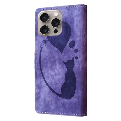 For iPhone 16 Pro Case Heart Cat Folding Stand PU Leather Phone Cover