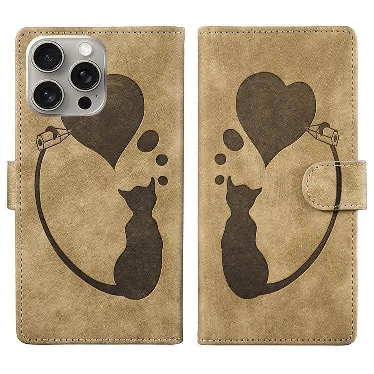 For iPhone 16 Pro Case Heart Cat Folding Stand PU Leather Phone Cover