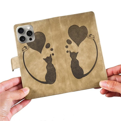 For iPhone 16 Pro Case Heart Cat Folding Stand PU Leather Phone Cover