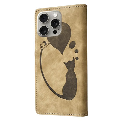 For iPhone 16 Pro Case Heart Cat Folding Stand PU Leather Phone Cover