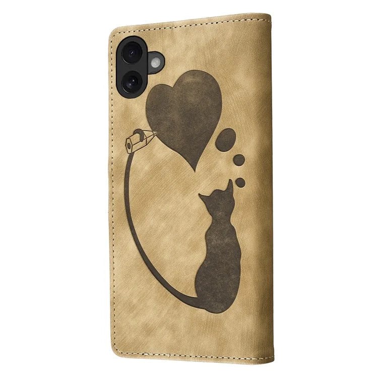 For iPhone 16 Case Heart Cat Folding Stand PU Leather Phone Cover