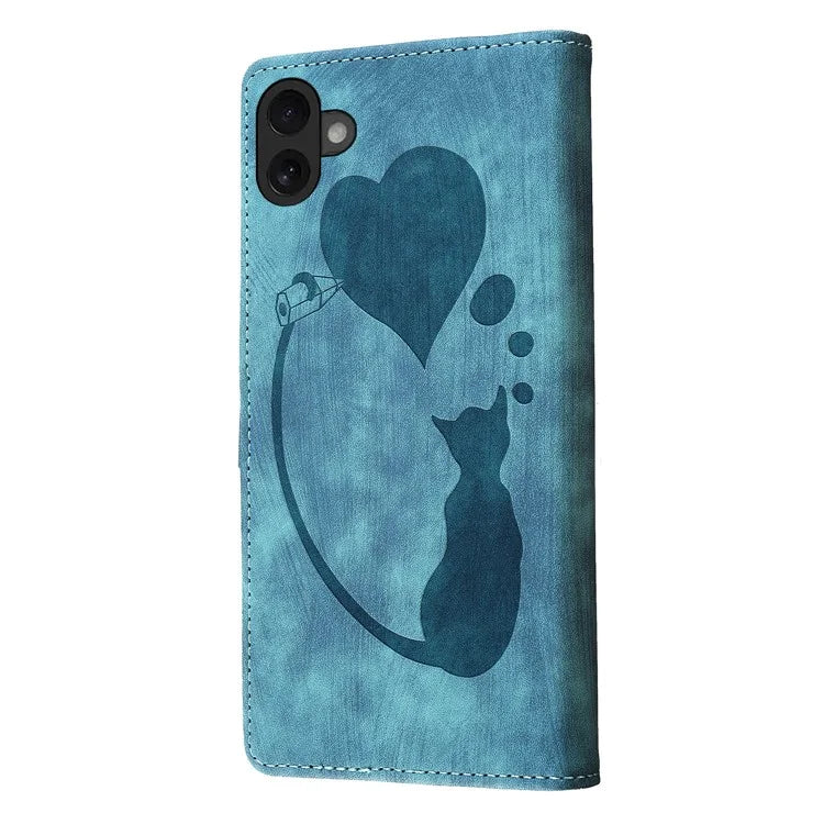 For iPhone 16 Case Heart Cat Folding Stand PU Leather Phone Cover