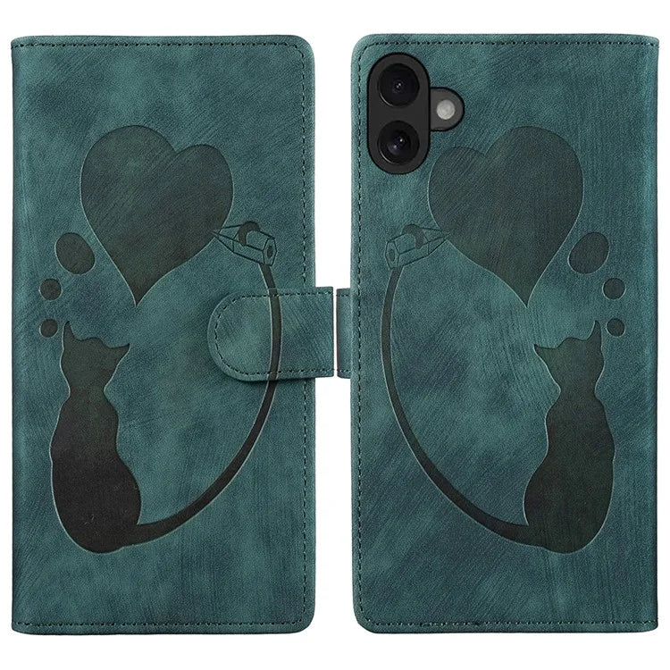 For iPhone 16 Case Heart Cat Folding Stand PU Leather Phone Cover