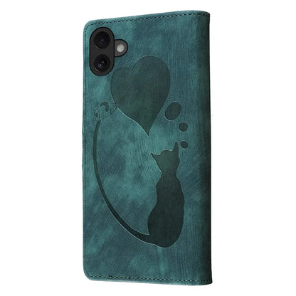 For iPhone 16 Case Heart Cat Folding Stand PU Leather Phone Cover