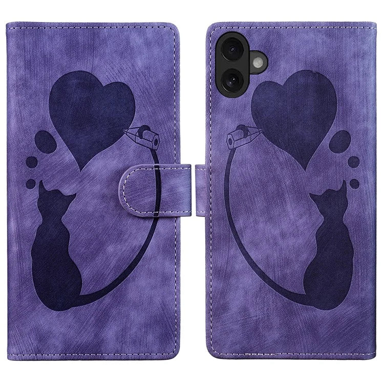 For iPhone 16 Case Heart Cat Folding Stand PU Leather Phone Cover