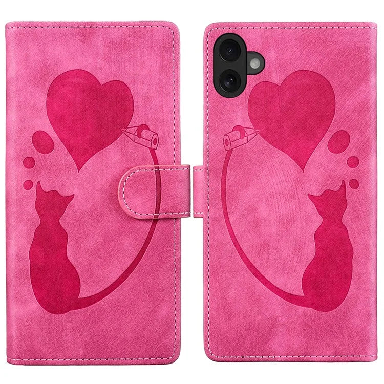 For iPhone 16 Plus Case Heart Cat Folding Stand PU Leather Phone Cover
