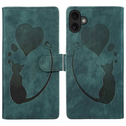 For iPhone 16 Plus Case Heart Cat Folding Stand PU Leather Phone Cover