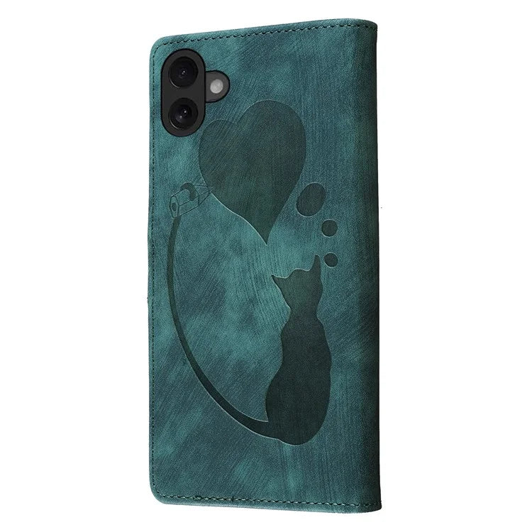 For iPhone 16 Plus Case Heart Cat Folding Stand PU Leather Phone Cover