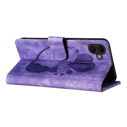 For iPhone 16 Plus Case Heart Cat Folding Stand PU Leather Phone Cover
