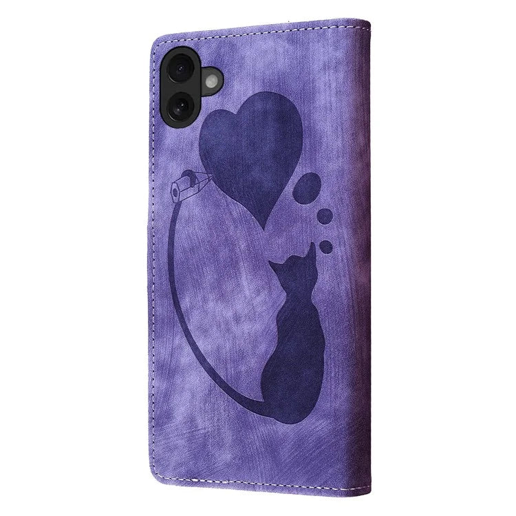 For iPhone 16 Plus Case Heart Cat Folding Stand PU Leather Phone Cover