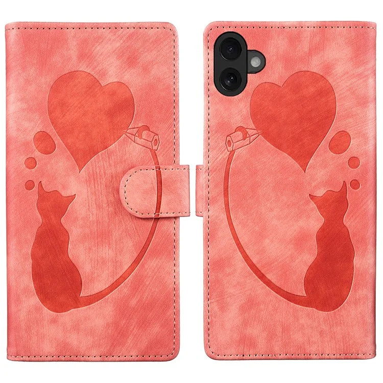 For iPhone 16 Plus Case Heart Cat Folding Stand PU Leather Phone Cover